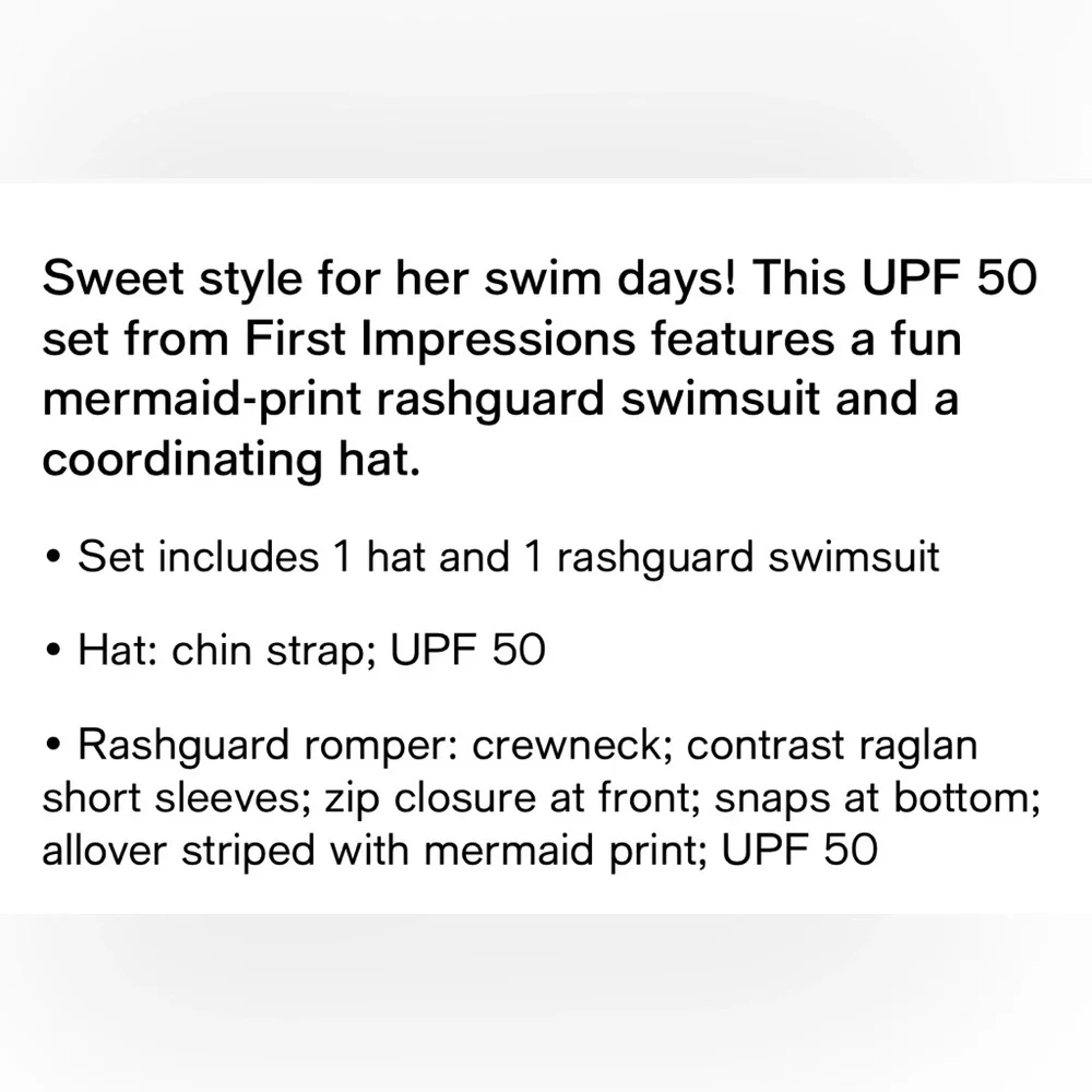 COPY - First Impressions Baby Girl Mermaid Rash-guard & Hat. 18 months